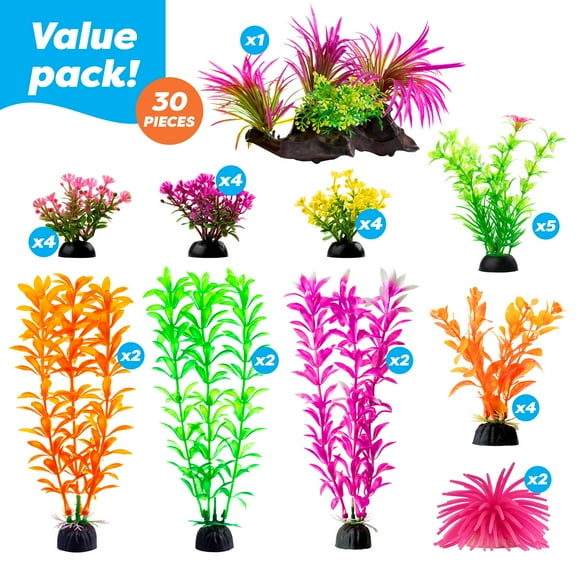 AroPaw New Aquarium Decorations Lifelike Plastic Decor Fish Tank Plants, Small to Large (30 Pack)