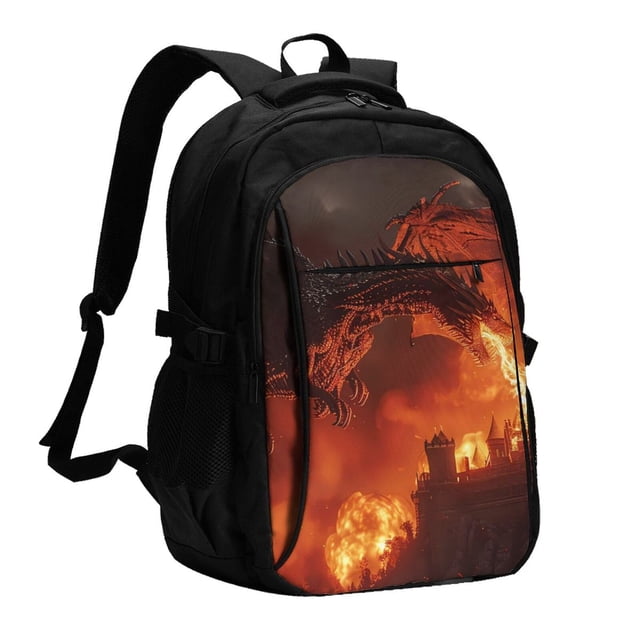Bingfone Fiery Dragons Castle Attack for USB Backpack, Multi-compartment Multi-pocket Computer Backpack, Suitable for Travel, Business, Leisure, Unisex