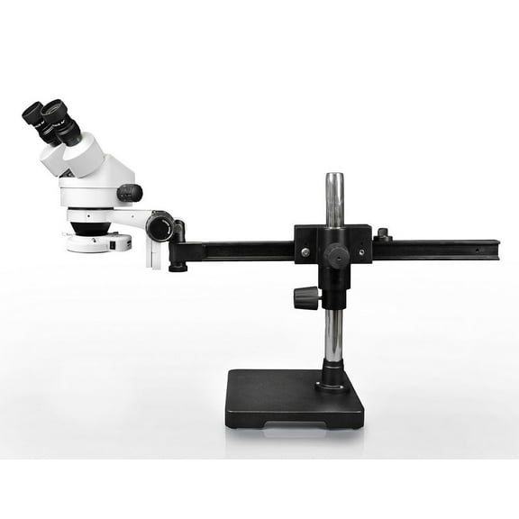 Vision Scientific Binocular Zoom Stereo Microscope, 10x Widefield Eyepiece, 0.7x4.5x Zoom Range, 7x45x Magnification Range, Gliding Arm Boom Stand, 144-LED Ring Light with Intensity Control