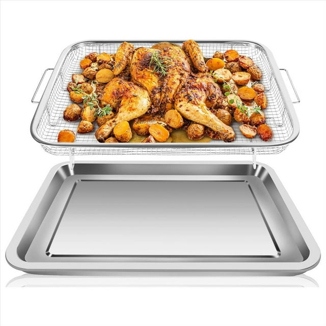 Panier pour Friteuse à Air Chaud pour Four en Acier Inoxydable, Accessoires pour Friteuse à Air Grille de Four et Plateau Croustillant, Antiadhésif