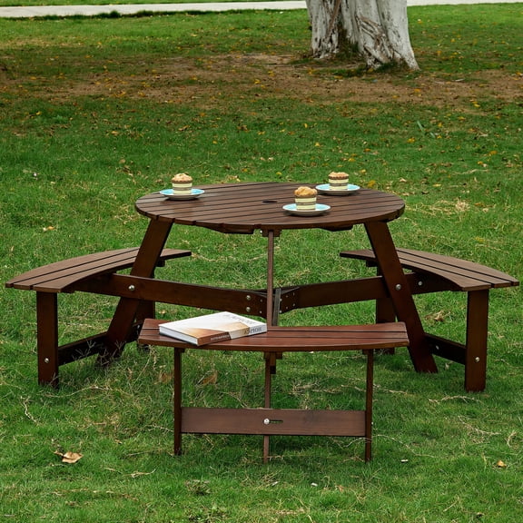 Outdoor 6 Person Picnic Table, 6 person Round Picnic Table with 3 Built-in Benches, Umbrella Hole, Outside Table and Bench Set for Garden, Backyard, Porch, Patio, Brown