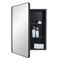Idyllor Black Bathroom Mirror Medicine Cabinet with Round Corner Framed Door 20 x 26 inch, Recessed or Surface Mount, with Adjustable Glass shelves