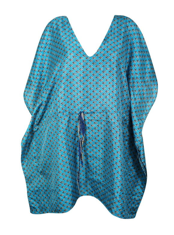 Mogul Womens Holiday Boho Kaftan Blue Printed Kaftan Dresse M-XL