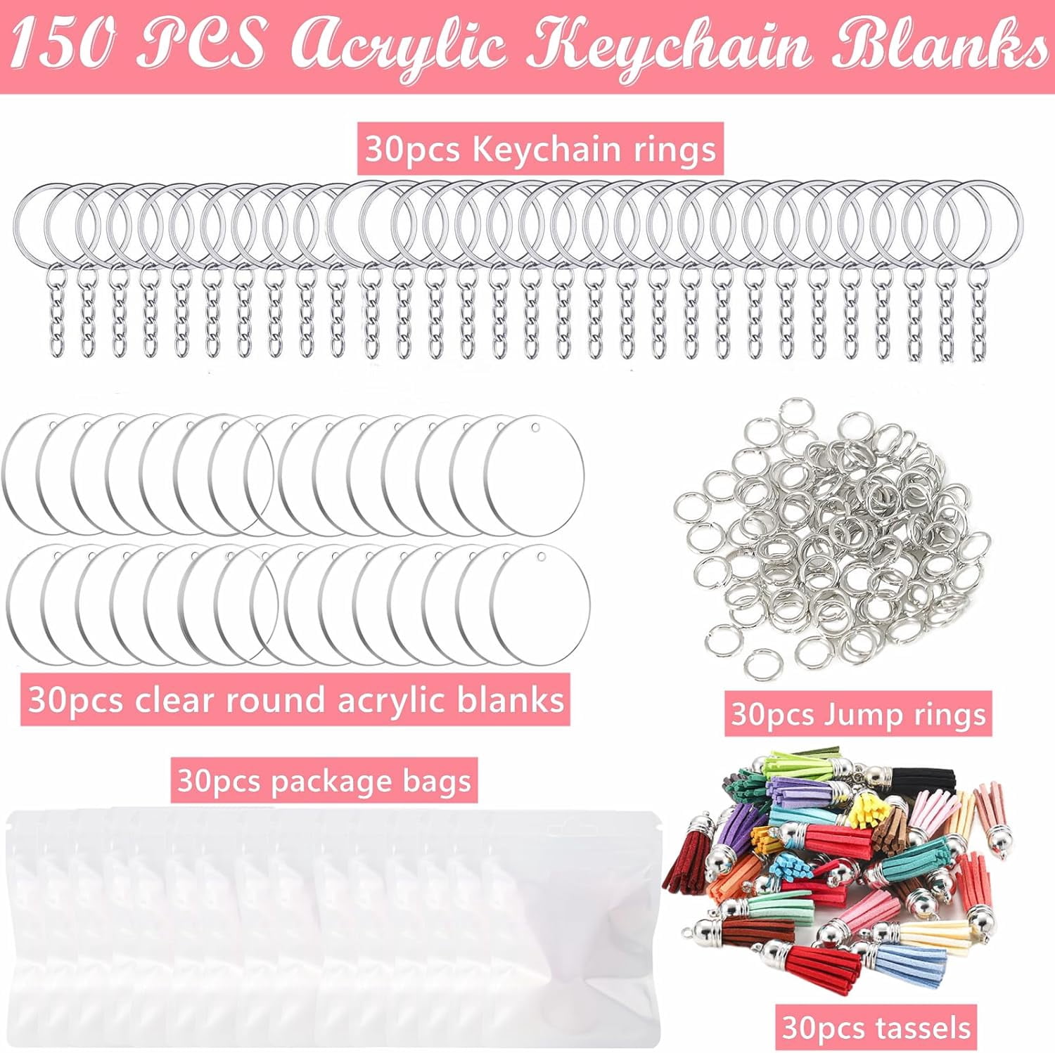 150 PCS Acrylic Keychain Blanks, 2 Inch Acrylic Blank Keychains for Vinyl Key with Keychain Rings, Keychain Tassels, Jump Rings, Packing Bag for DIY Key Chain Set Crafting