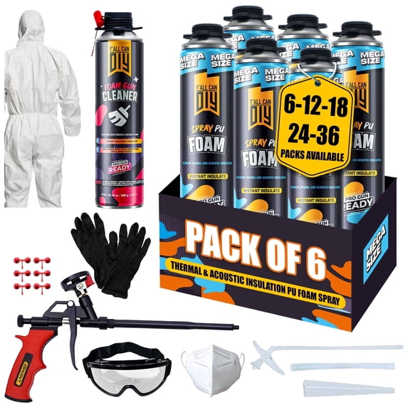 Y’allCanDIY Spray Foam Insulation Kit 6 pack (36.6 oz Each), Foam Insulation Kit, DIY Insulation Kit for Gaps & Cracks, Wall, Attic & Garage, Heat & Acoustic Insulation, with Application Kit