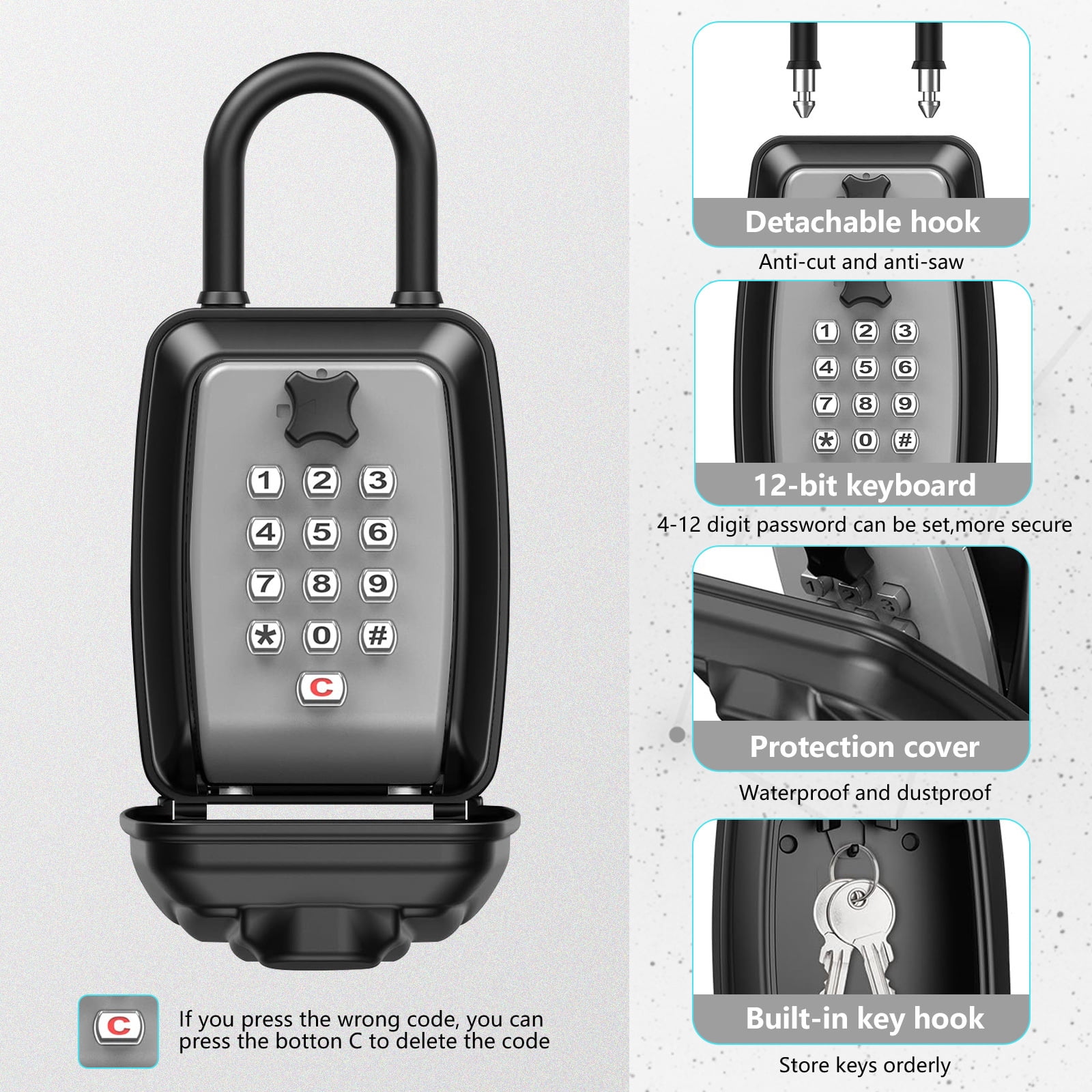 WHT MAKER Key Lock Box, Push Button Combination Lock Box for Keys Outdoor, Wall Mounted LockBox for House Keys with 12-Digit Combination Resettable Code, Key Hider Safe Box for Home Hotels