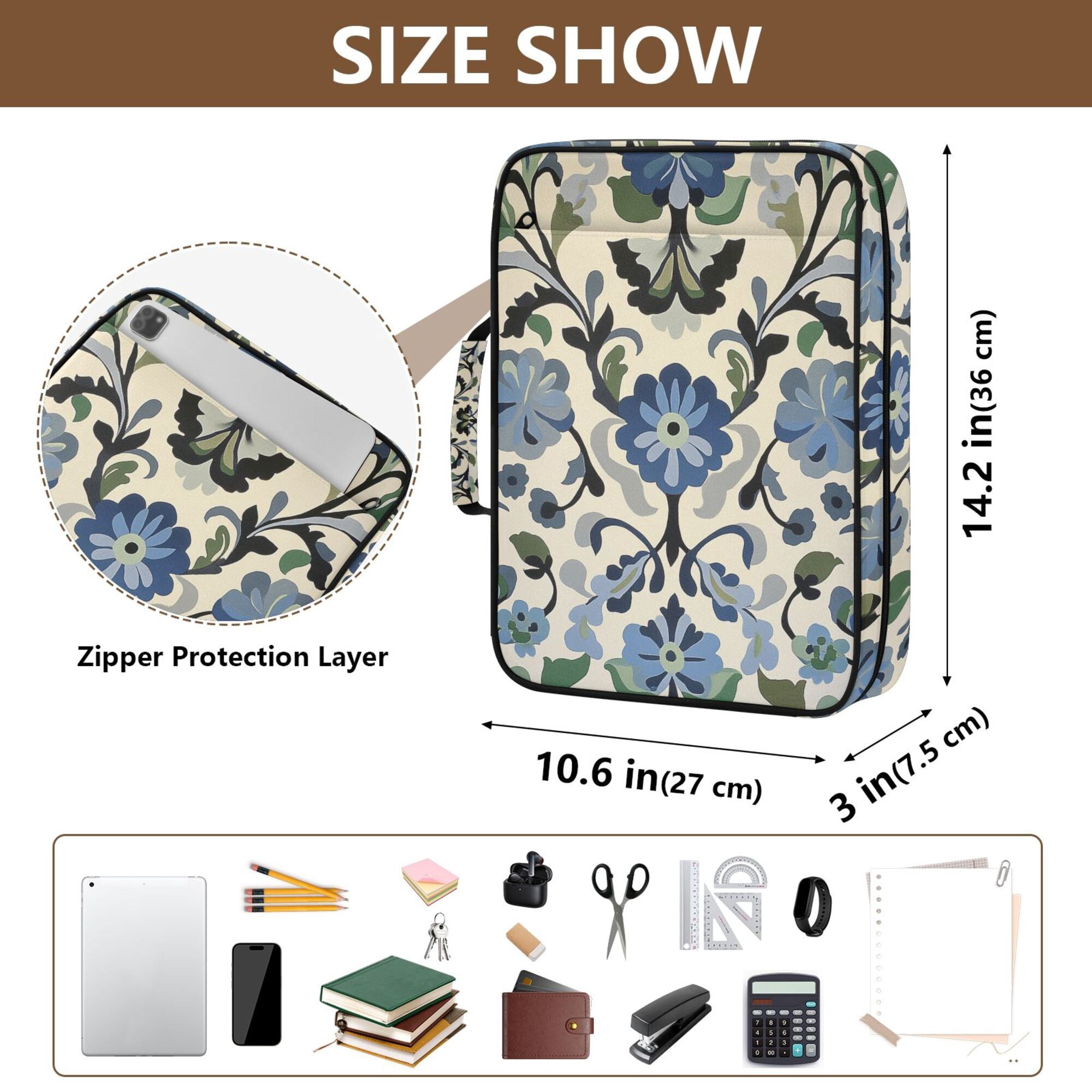 FORMRS Accordion File Folder A4 Size 7-Pocket Expanding Document Organizer Bag with 3 Ring Binder, Blue Floral