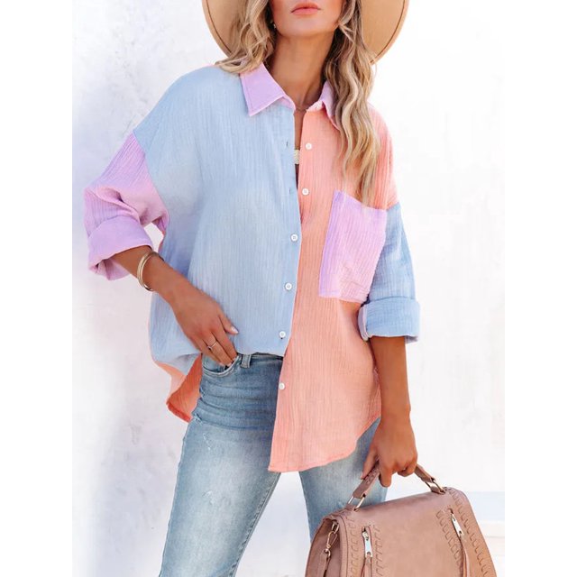 Blouses à Boutons pour Femmes à Blocs de Couleur, Coupe Ample Décontractée, Manches Longues