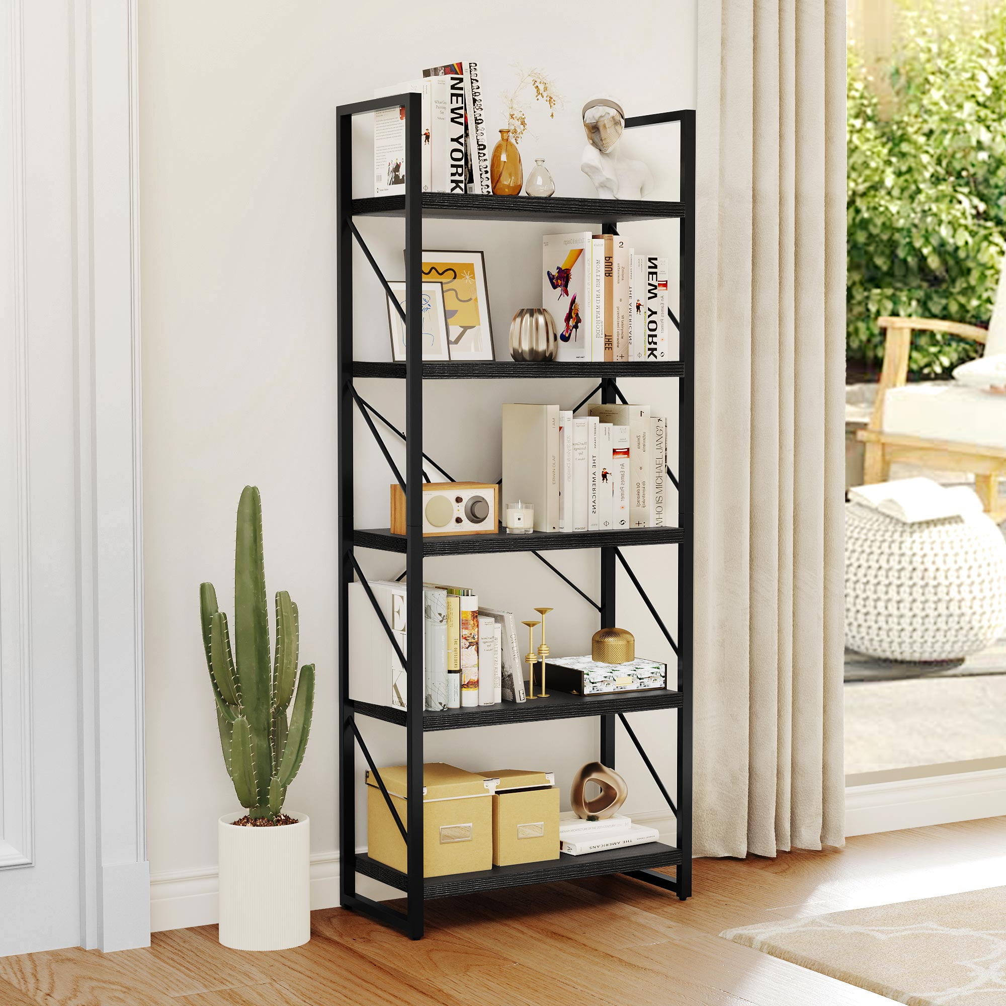Dextrus 5-Tier Bookshelf, Ladder Bookcase, Industrial Freestanding Book Shelf Modern Open Display Storage Organizer Book Shelves for Bedroom, Living Room and Home Office, Black