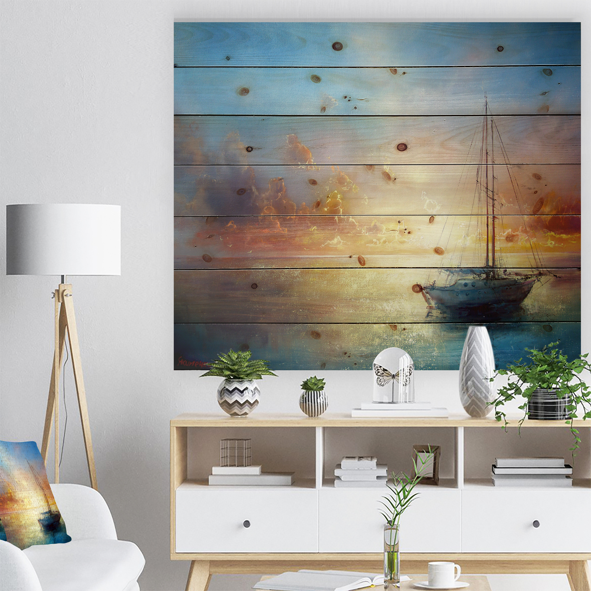 Designart Seascape Pier Seashore Print on Natural Pine Wood Art Print, 20" x 12"