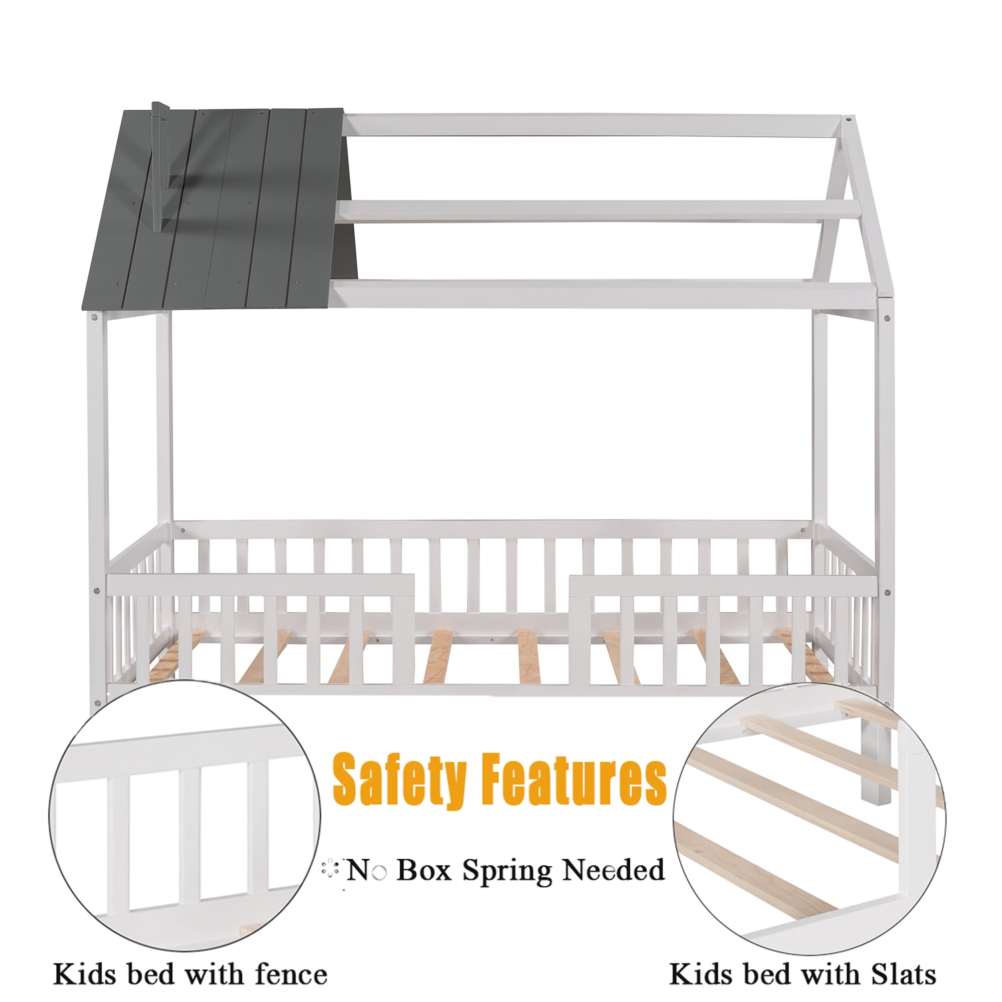 Bellemave Twin House Bed, Twin Size Wood Bed Frame with Roof and Fence, Montessori Beds Frame with Slats, No Box Spring Needed (White+Gray)