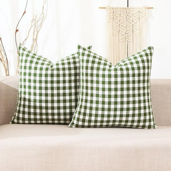 Sage Green Farmhouse Plaid Pillow Covers 18x18 Set of 2, Spring Outdoor Checkered Pillows, Green and White Buffalo Plaid Throw Pillows 18 x 18 (No Pillow Inserts)