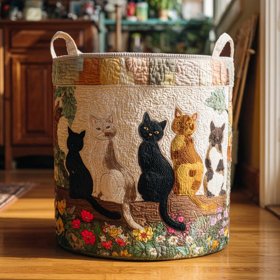 Tail-Tucked Cats Quilted Laundry Basket