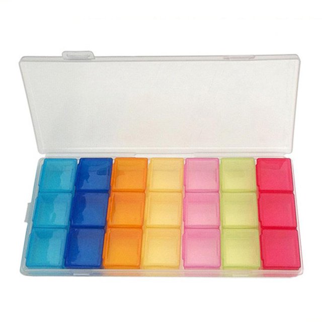 Estuche de almacenamiento de medicamentos de 21 ranuras Caja de soporte de cápsula colorida ecológica Uso diario