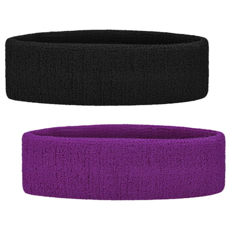 GOGO 2PCS Terry Cloth Sports Headbands Sweat Bands for Working Out Black &