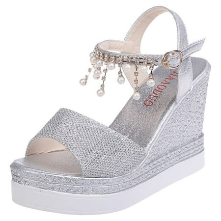 

Women s Sandals Women Ladies Fashion Wedges Platforms Pearl High Heels Shoes Sandals Flat Sandals with Rhinestones for Women
