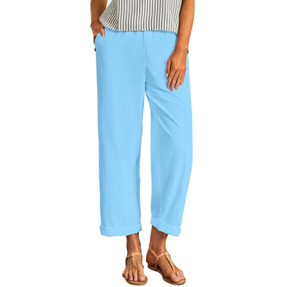 Fmbrln Linen Pants for Women Summer Elastic Waist Versatile Straight Wide Leg Pants Casual Loose Fit Solid Trousers with Pockets
