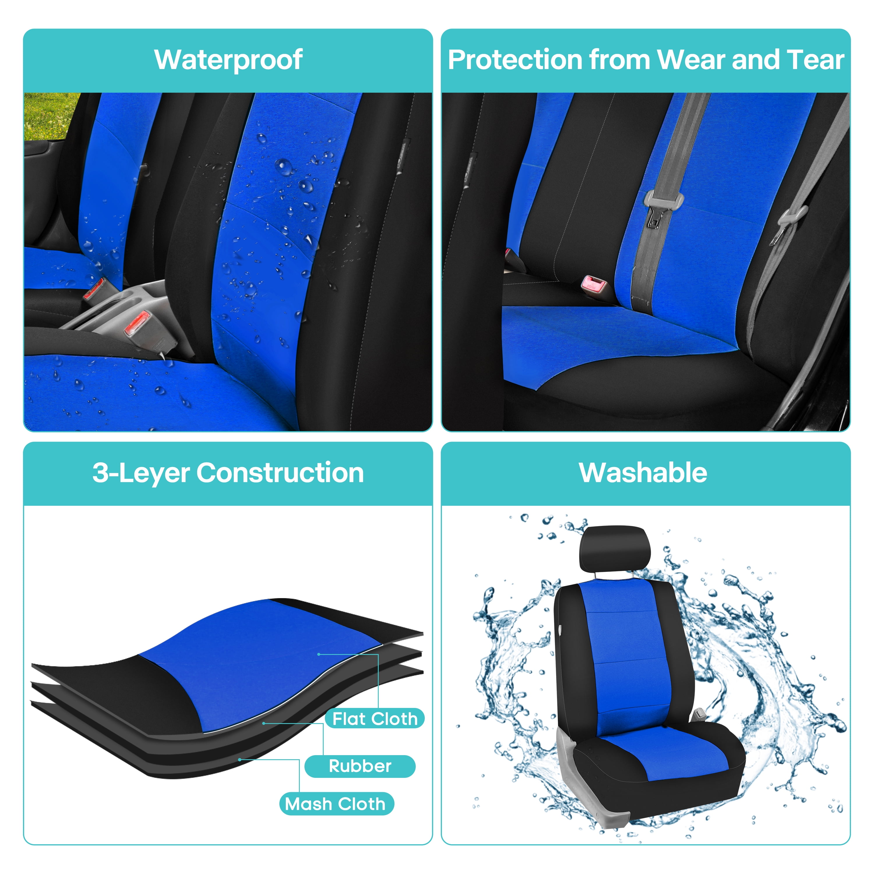 FH Group Neoprene Universal Car Seat Covers Fit For Car Truck SUV Van - Rear Bench Blue