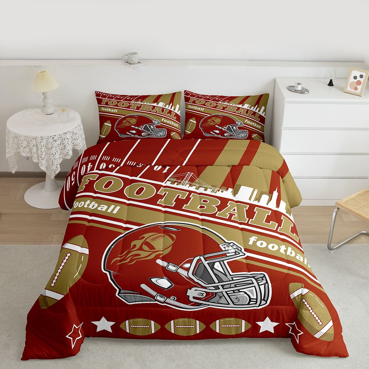 Erosebridal Football Bedding Set Full Size San Francisco Comforter Set American Football Gifts for Football Fans Women Men Football City Comforter Rugby Sports Duvet Set Bedroom Decor