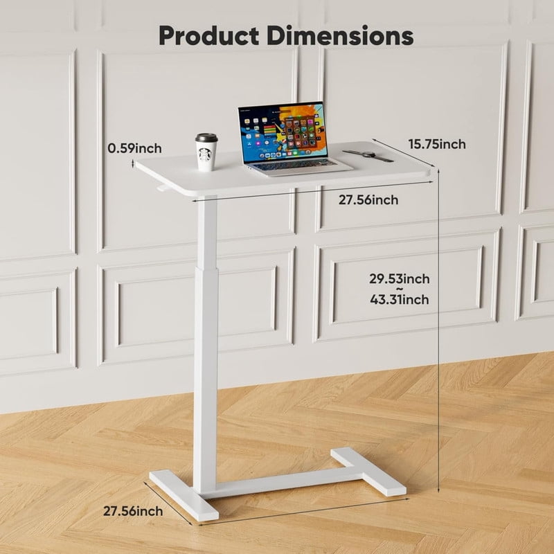 Kelno Overbed Bedside Table Adjustable Height Rolling Mobile Standing Laptop Desk, White
