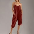 thumbnail image 6 of Womens Casual Linen Jumpsuit with Pocket Spaghetti Strap Capris Pants Rompers V Neck Lace-Up Loose Fit Summer Outfits, Red, M, 6 of 6