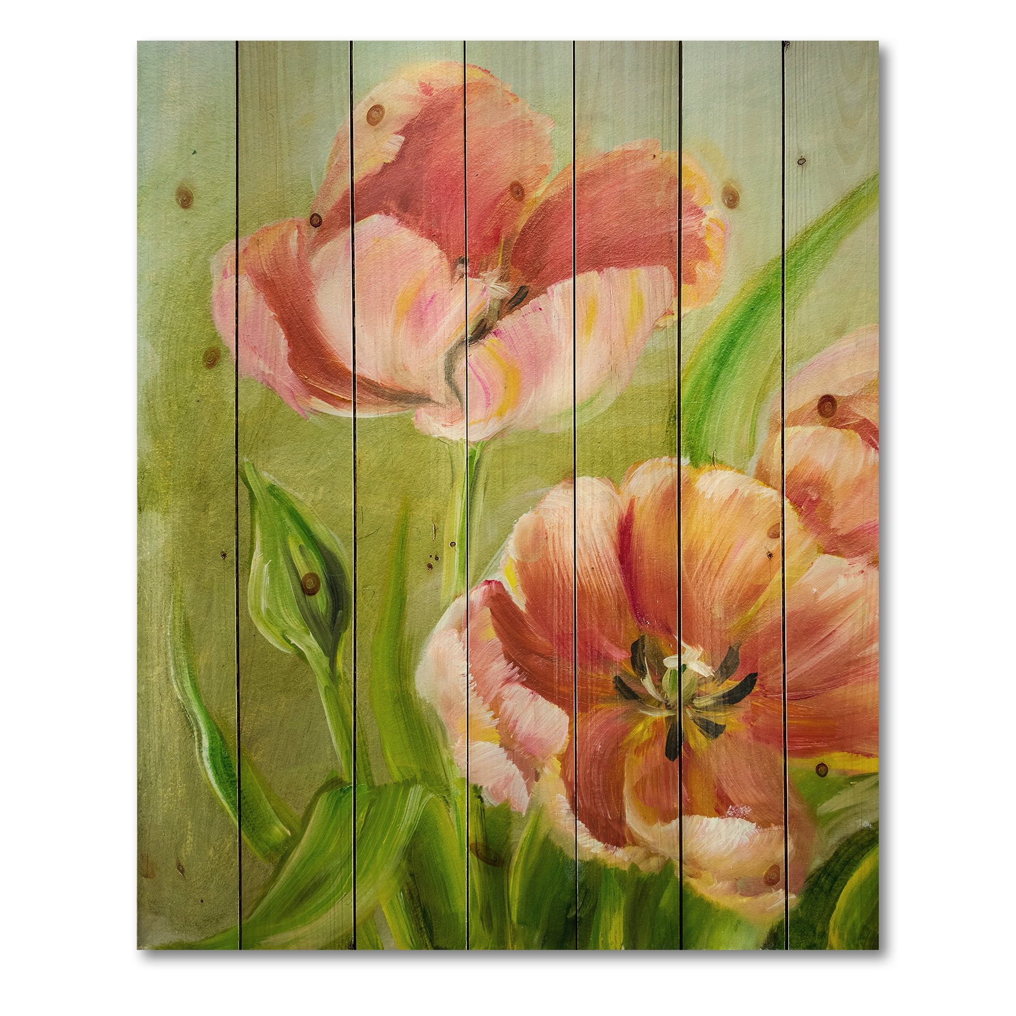 Designart 'Ancient Red Tulips Flowers III' Traditional Print on Natural Pine Wood