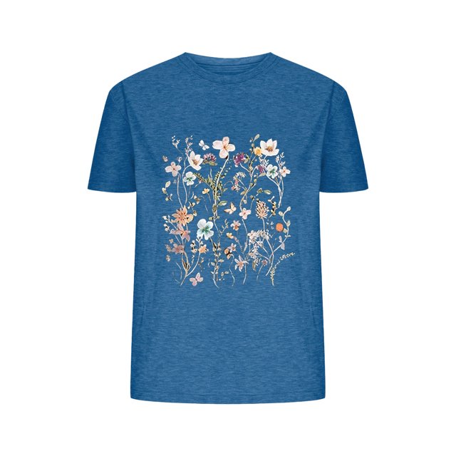 Camisetas de Verano de Mujer Pequeña Flor Impresa Cuello Redondo Manga Corta Superior, Verano Superior de las Mujeres