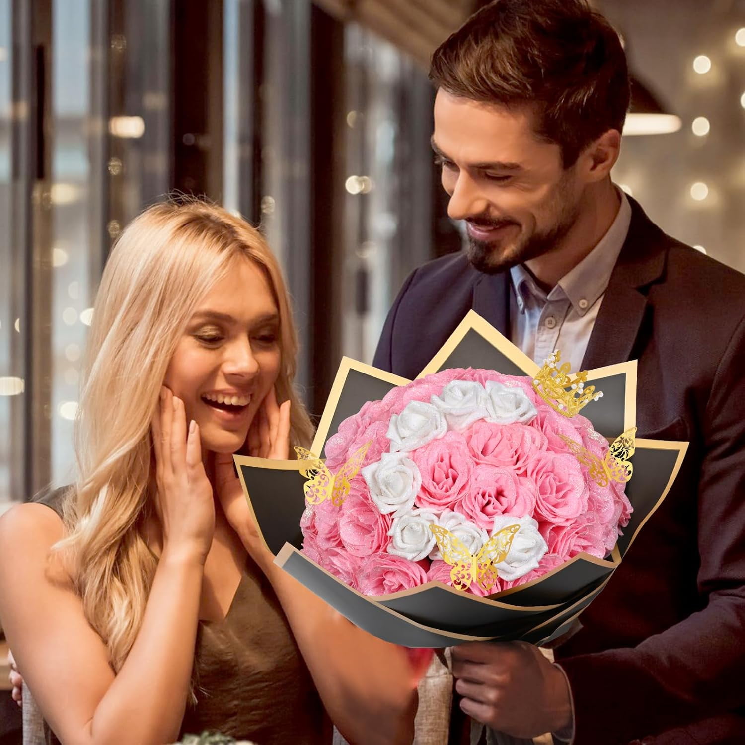 Waipfaru Pink Glitter Roses Bouquet,56pcs Artificial Roses Flowers,DIY Glitter Everlasting Rose Bouquet with Stem for Valentine's Day Anniversary(36 Pink&20 White)