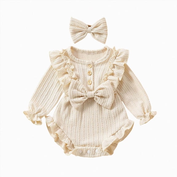 NLOMOCT Baby Clothes Girl Newborn Baby Girl Fall Winter Clothes Coming Home Outfit Jumpsuit Newborn Baby Girl Fall Clothes with Headband Beige,0-3 Months
