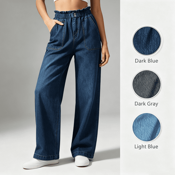 Jeans for Women, Elastic Waist Straight Leg Jeans with Side Pockets, Soft Stretchy Denim Pants for Dressy Casual Wear, Teacher Outfits | VerBelle,Dark Blue L