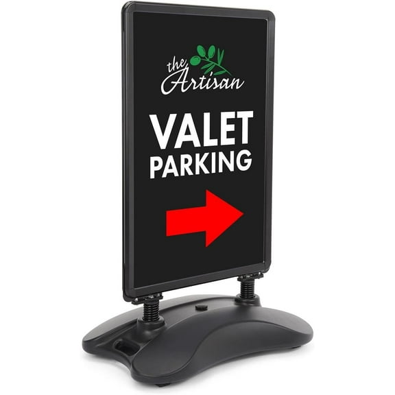 Sidewalk Poster Stand with Water-Fill Base Holds 24x36 Graphics, Double-Sided Sandwich Board for Outdoor Use, Front-Loading Snap-Open Poster Frame, Black