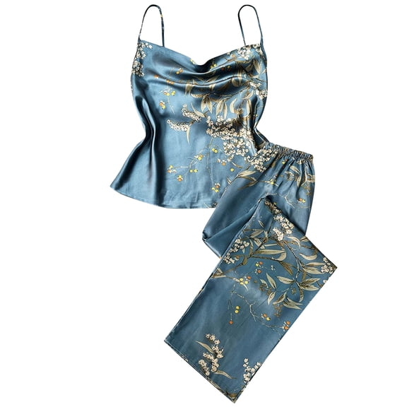 Tnhcen Women's Fashion Satin Flower Print Camisole & Pants Sleepwear Set Elegant Loungewear for Women S-XL