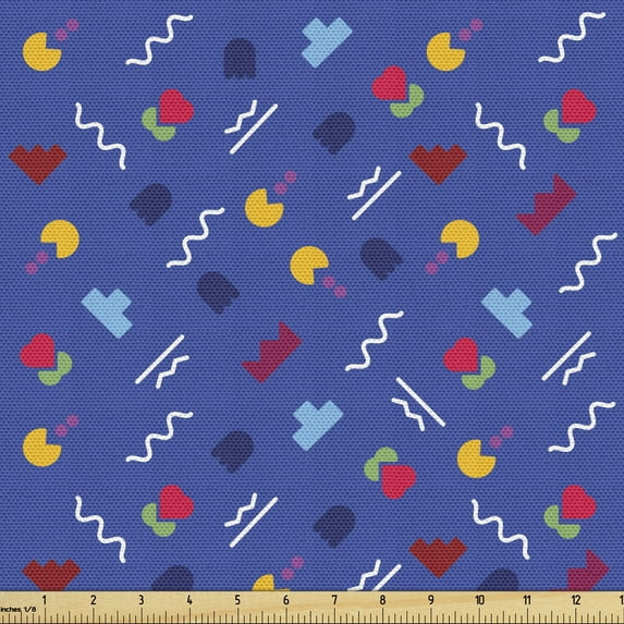 Abstract Sofa Upholstery Fabric by the Yard, Hipster Geometric Spots with Wavy Lines Hearts, Decorative Fabric for DIY and Home Accents, Dark Violet Multicolor by Ambesonne