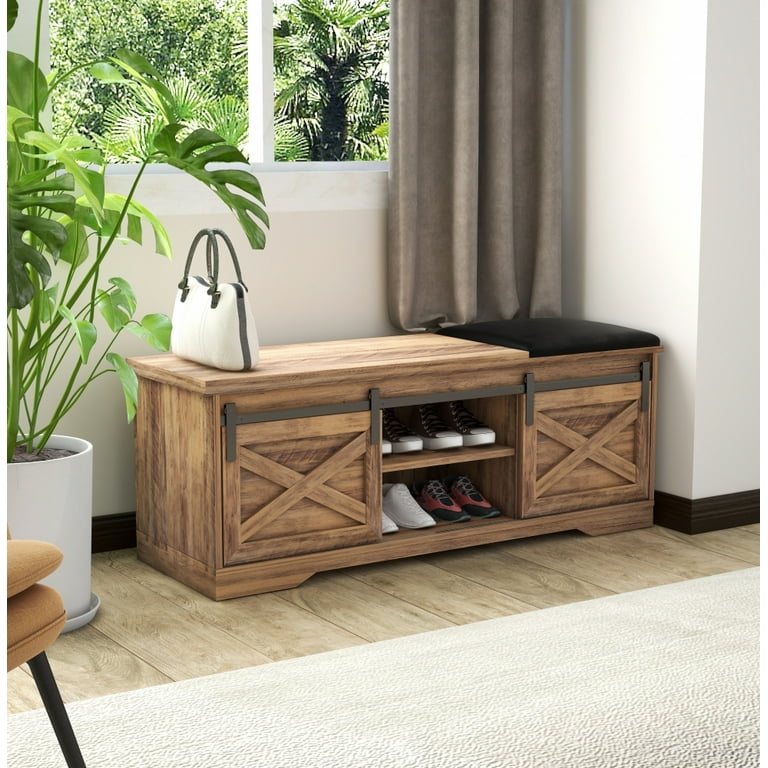 47 Black Walnut Wooden Shoe Storage Bench with 3 Doors & 5