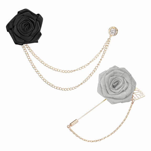 Uxcell Rose Flower Lapel Pin for Men, 2 Style Solid Cloth Rose Brooch Kit Gold Leaf Boutonnieres Stick Brooch Tassel Chain Satin Badge Suit Pin for Men Wedding Suit, Black/Silver Grey