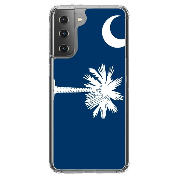 DistinctInk Clear Shockproof Hybrid Case for Galaxy S21  PLUS 5G (6.7" Screen) - TPU Bumper, Acrylic Back, Tempered Glass Screen Protector - South Carolina State Flag - US State Flag