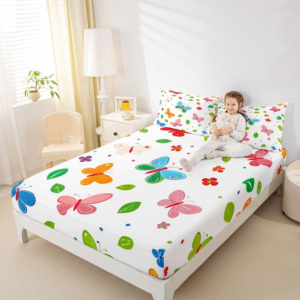 Homewish Chic Butterflies Queen Sheet Sets,Rustic Leaf Flat Sheet,Colorful Flying Animal Queen Fitted Sheet For Girls Kids,Microfiber Bedroom Decor,4 Pieces