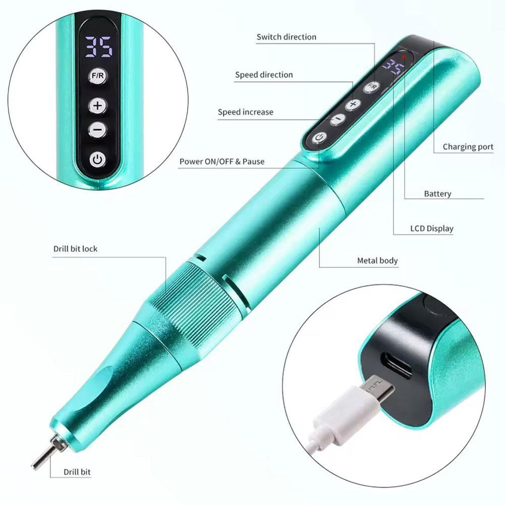 Electric Nail Drill File, Nail Drill Electric Nail File Kit, Rechargeable Efile Set, Nail Machine Kit Manicure Pedicure Tools Polishing Set for Salon Home - Green