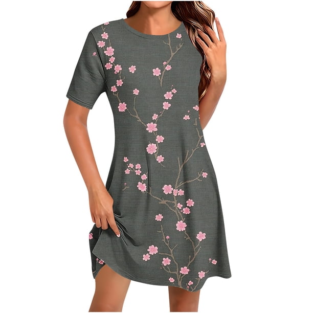 Vestido Corto para las Mujeres Cuello Redondo Manga Corta Impresa Suéter, Moda Casual Estilo Línea