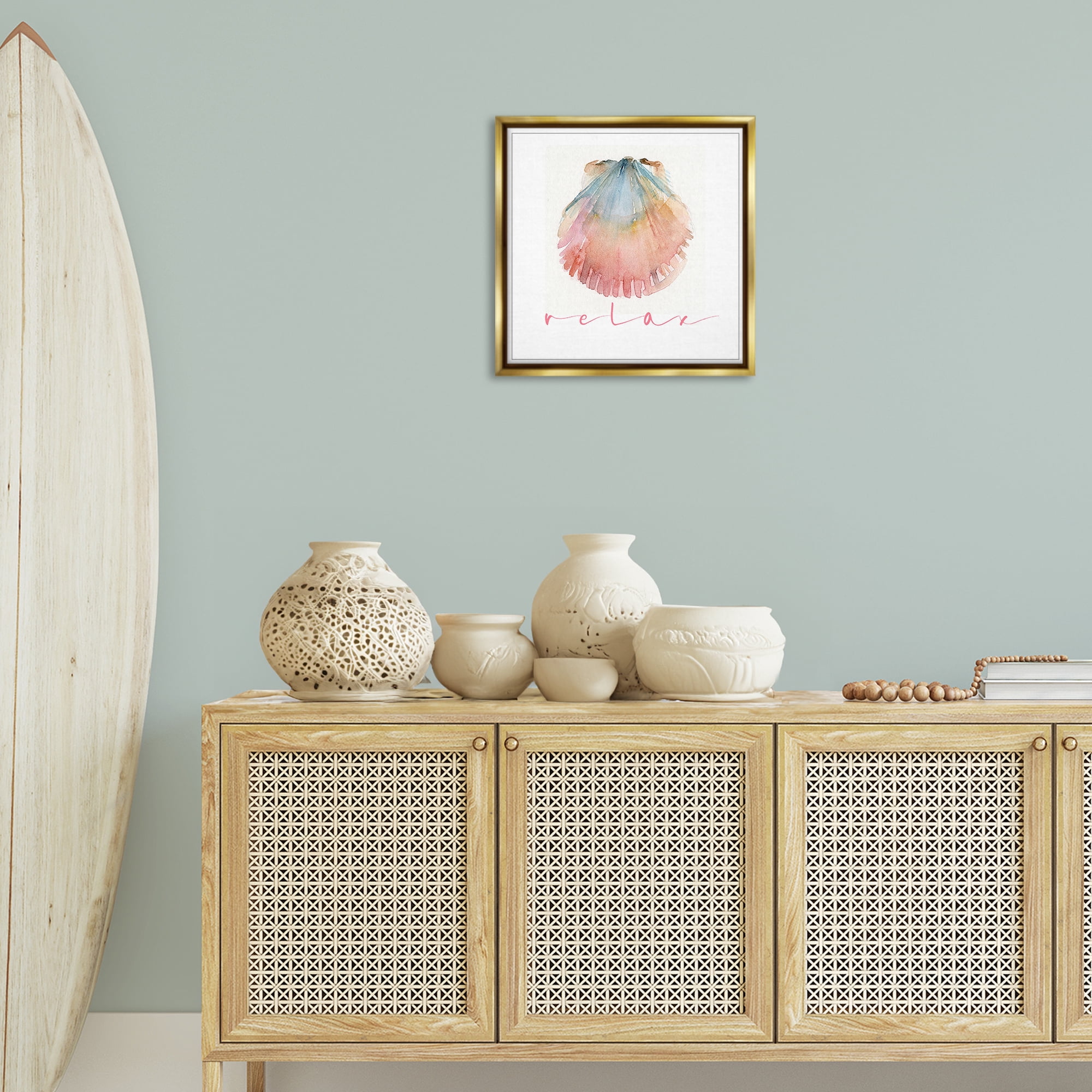 Stupell Industries Scallop Shell Relax Nautical & Beach Painting Gold Floater Framed Canvas Art Print Wall Art, 18 x 18