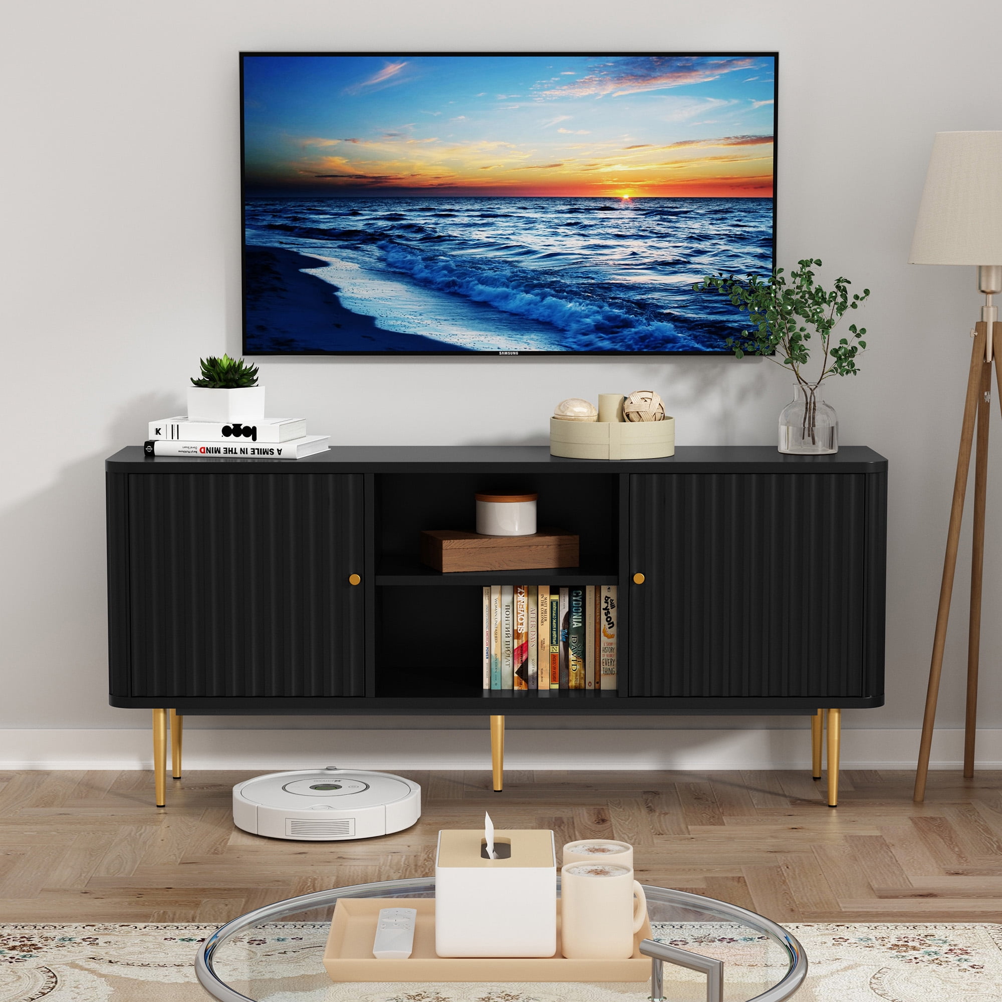 HLR Modern Fluted 55" TV Stand for 65 Inch TV with Storage, Entertainment Center for Living Room, Black