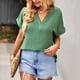 thumbnail image 3 of Camisa de manga corta con cuello en V para mujer, informal, elegante, color puro, suelta, cómoda, con cuello en V, Top verde XL, 3 of 8
