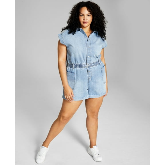 Now This Trendy Plus Size Denim Romper Light Wash 2X