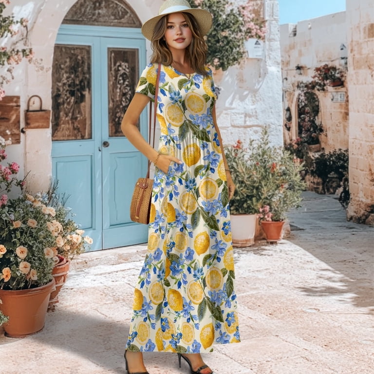 dinner maxi dress Psesaysky Lemon Floral Print Short Sleeve Dress, Round Neck Air Permeable Polyester and Spandex Short Sleeve Long Maxi for Summer Summer Resort This elegant pleated gown Size:XS +3