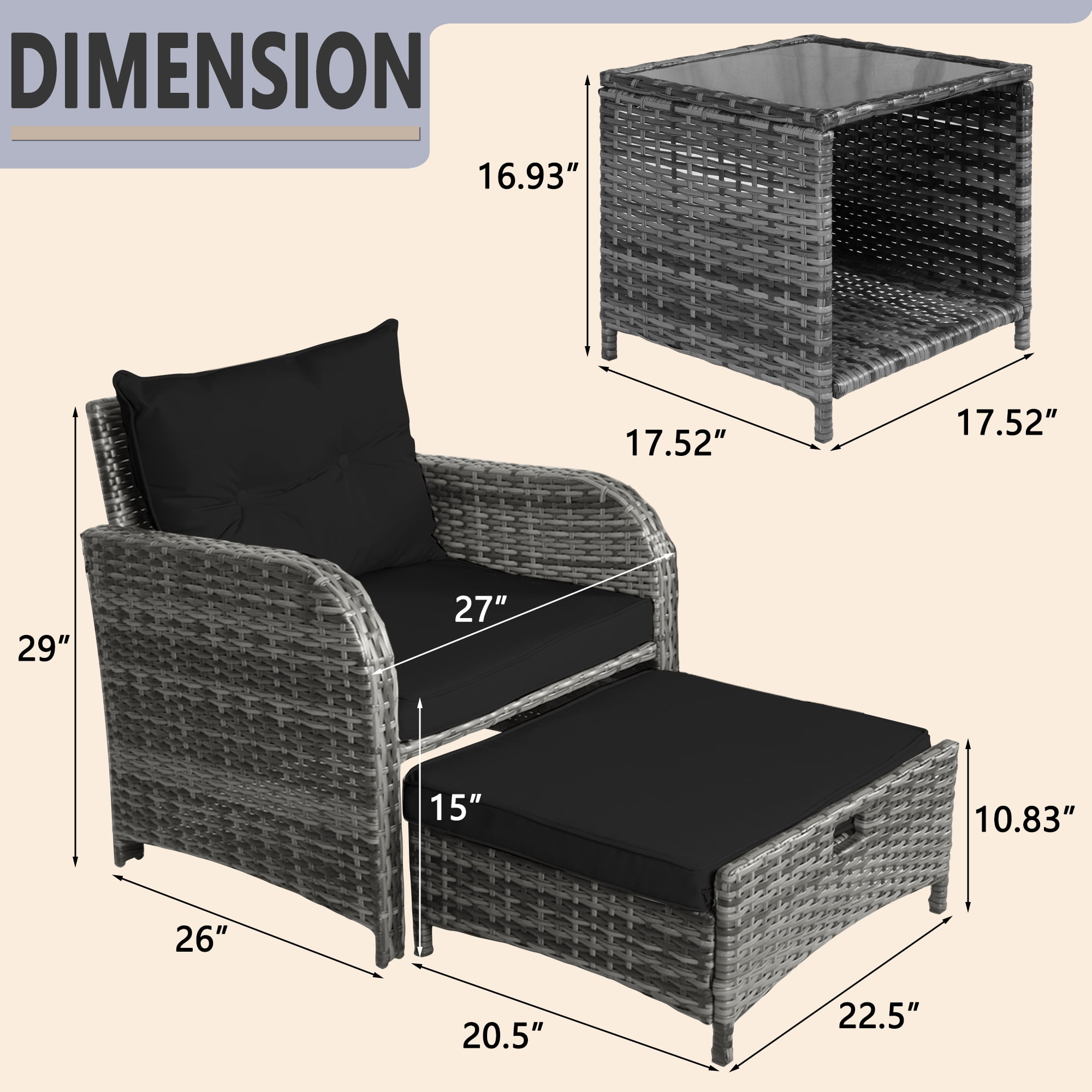 5 Piece Rattan Outdoor Patio Furniture Set, 5 Pieces Wicker Outdoor Patio Chairs Set with Ottoman, Black