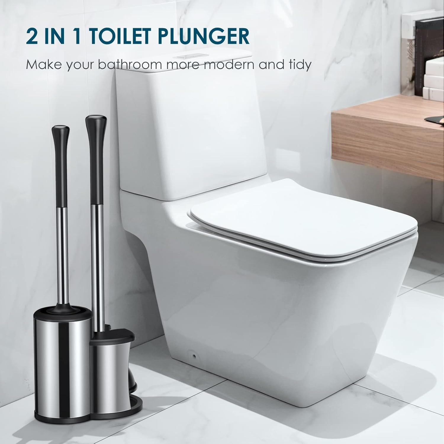 Toilet Plunger and Bowl Brush Set with Covered Stainless Steel Caddy Holder