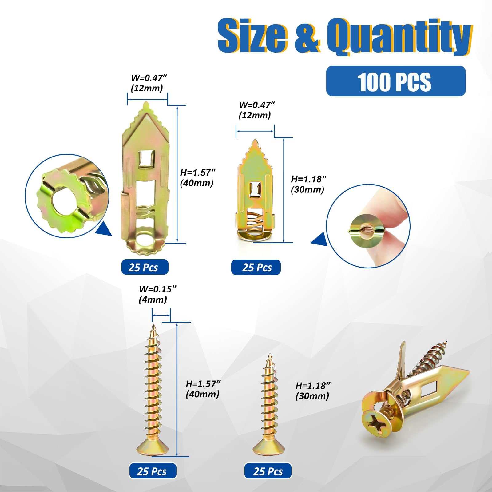 Self Drilling Drywall Anchors with Screws Kit - 200 Pcs Heavy Duty Metal Expansion Anchors for Sheetrock, No Drill Needed, 50lb Rating, 2026 Upgraded Anti-Strip Design
