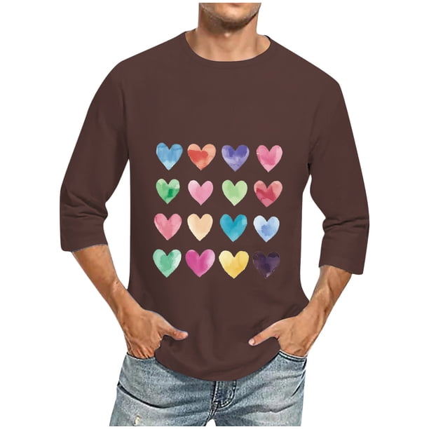 Camisas de Manga Larga para los Hombres Día de San Valentín Impresión Cuello Redondo Moda Casual, Mezcla de Poliéster de Lino de Algodón para Primavera Verano