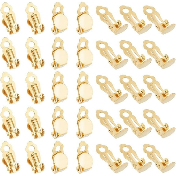 1 Set 50pcs Clip-on Stud Earring Findings 14K Gold Plated Clip-On Earring Findings with Loop 304 Stainless Steel Flat Round Tray Non-Pierced Earrings for DIY Earring Jewelry Making