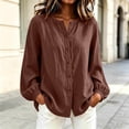thumbnail image 3 of Tbopshirt Womens Blouses Tops for Women Fashion Solid Color Summer Long Sleeve Imitation Linen Button Neckline Closing Blouse, 3 of 7